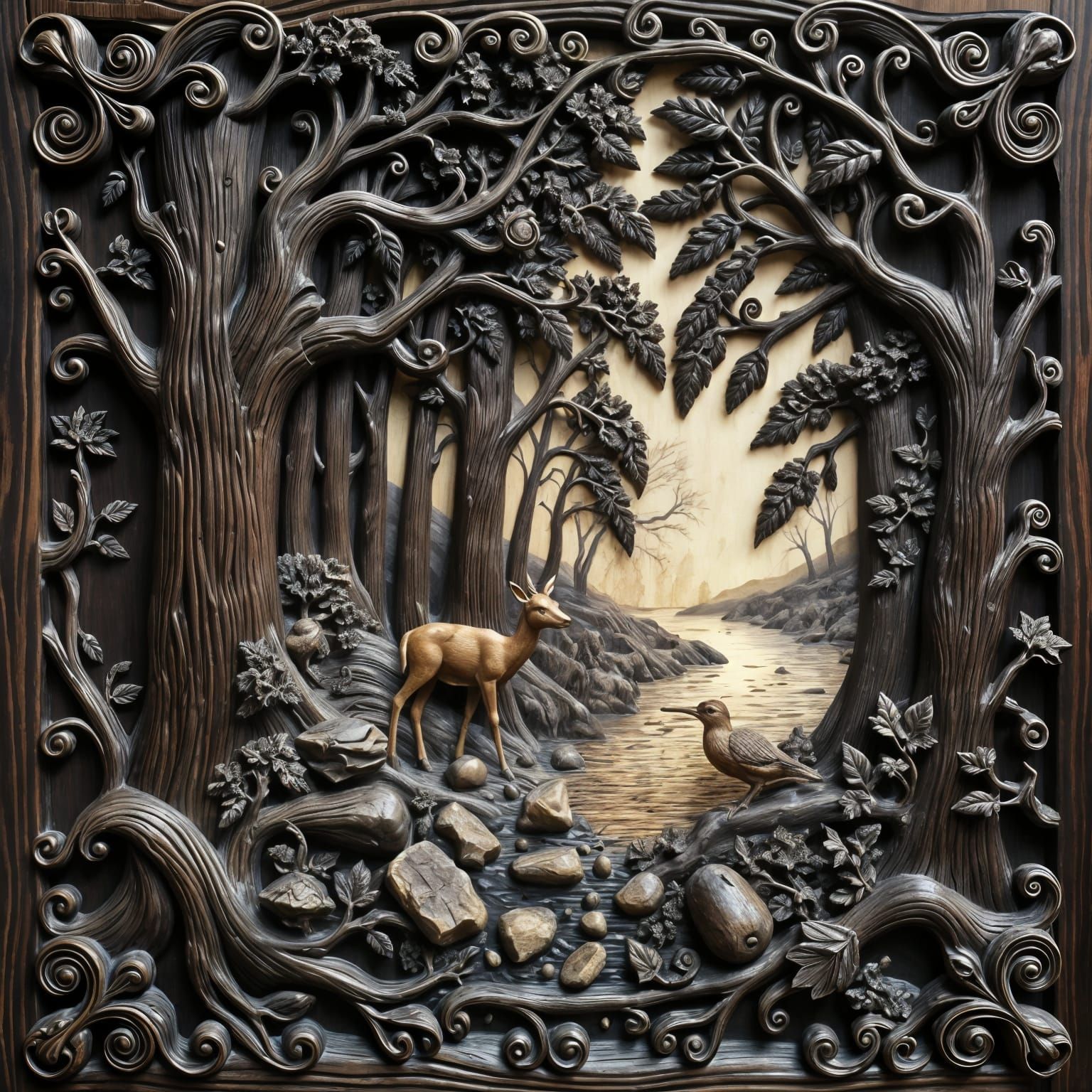 Detailed Wooden Panel Carving of Forest Scene