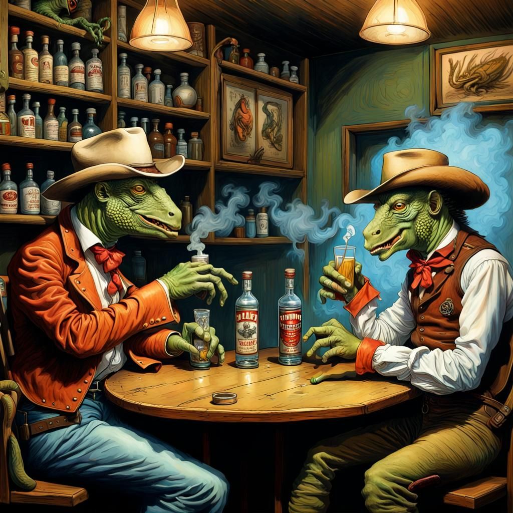 Two old pards enjoy smoking shots of tequila