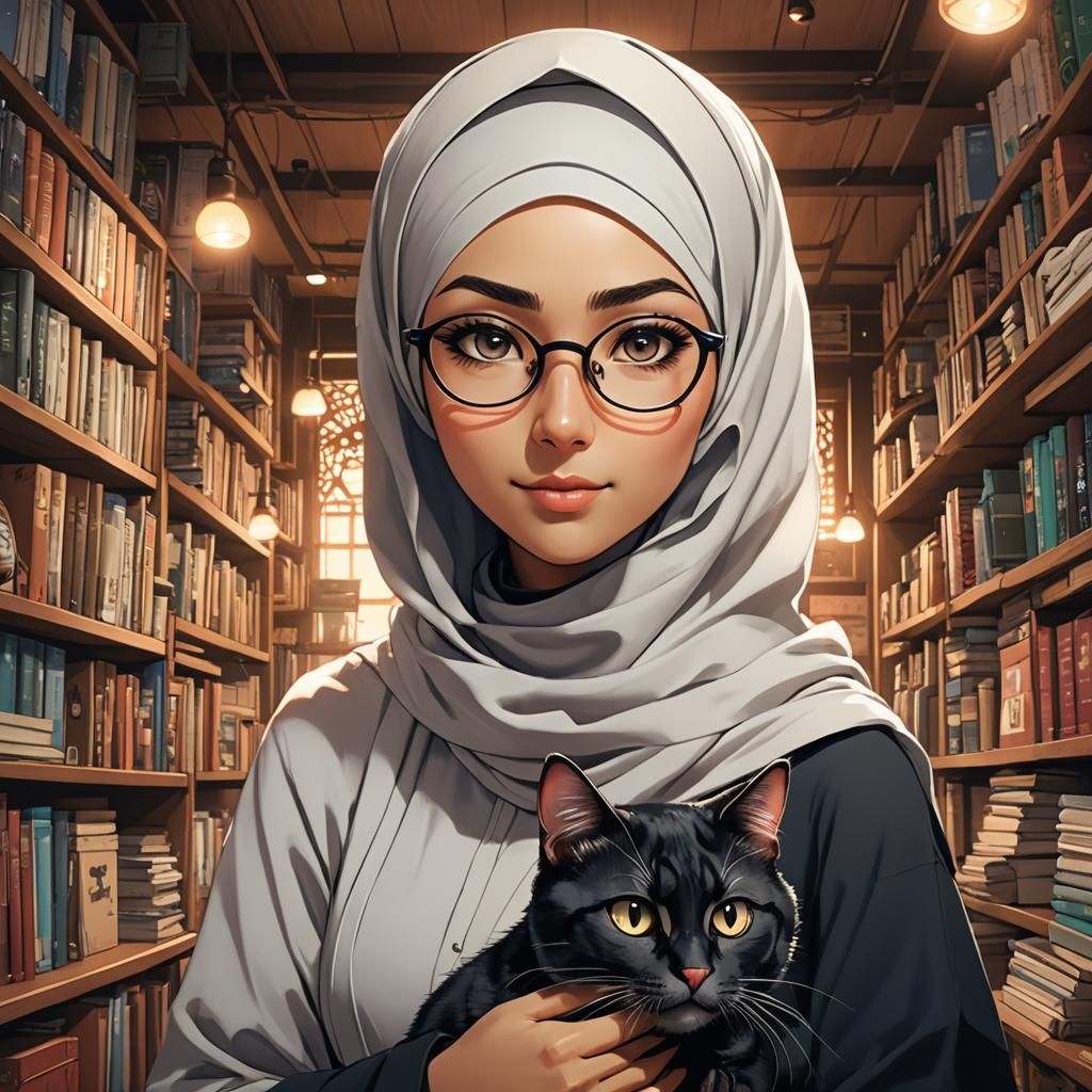 Hijabi Girl with Cat in Anime Manga Style