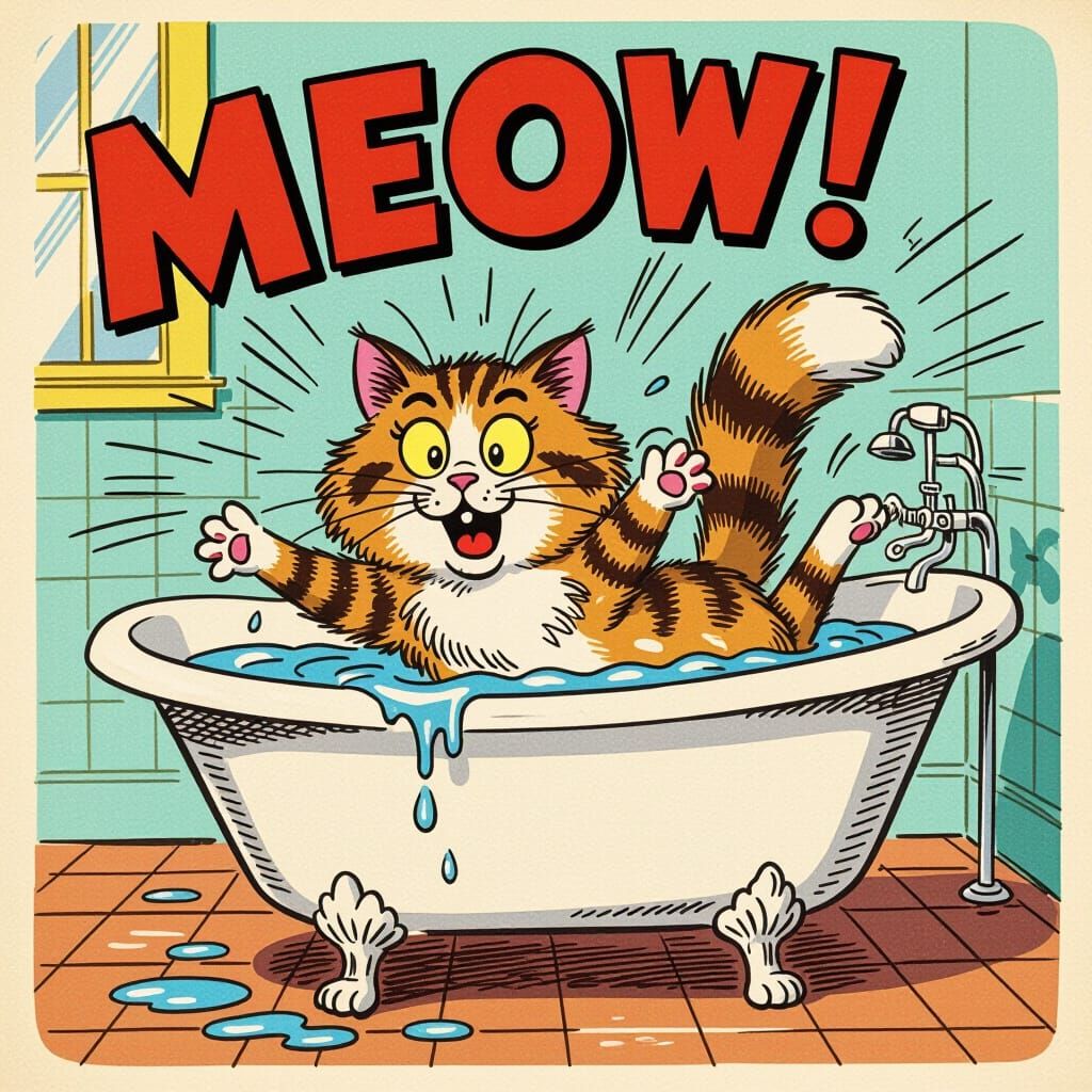Funny Cartoon Cat Falls into Bathtub in Vintage Style