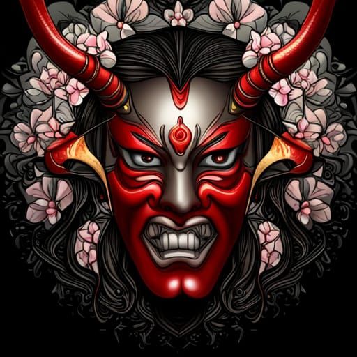 Fiery Hannya Mask Amid Cherry Blossoms