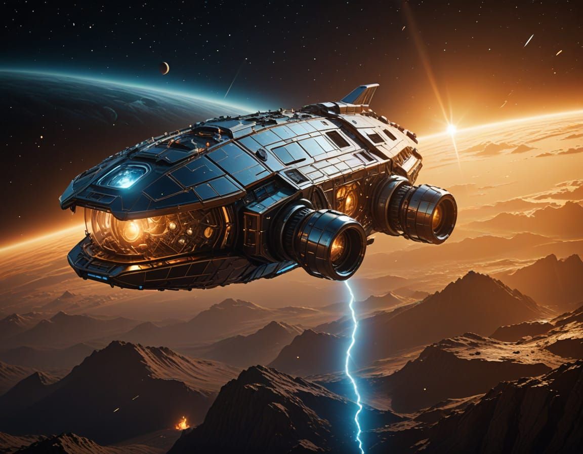 Cosmic Serpent Ship, Titan-Bound, in Iridescent, Futuristic....