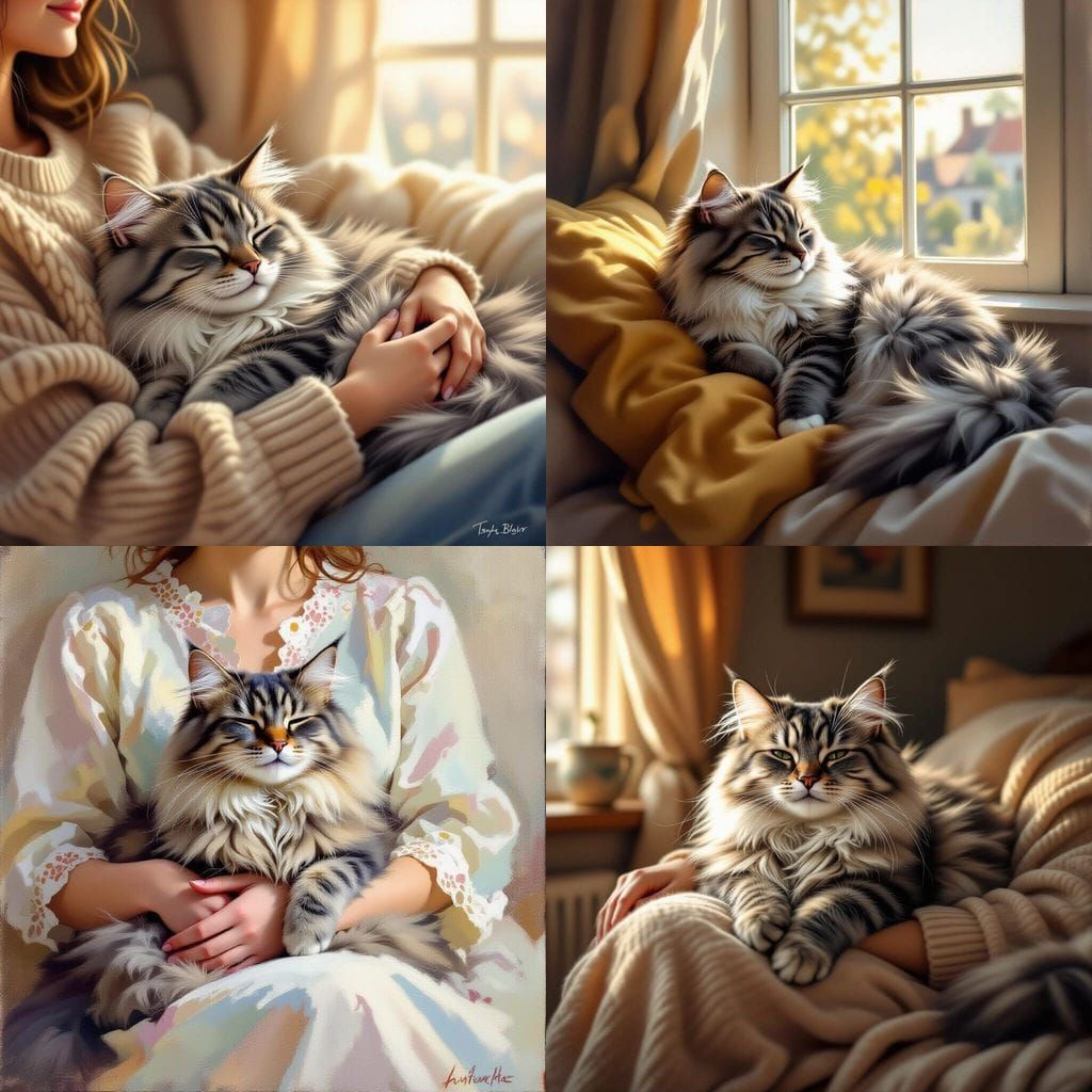 Grey Cat Rests Comfortably on Woman's Lap