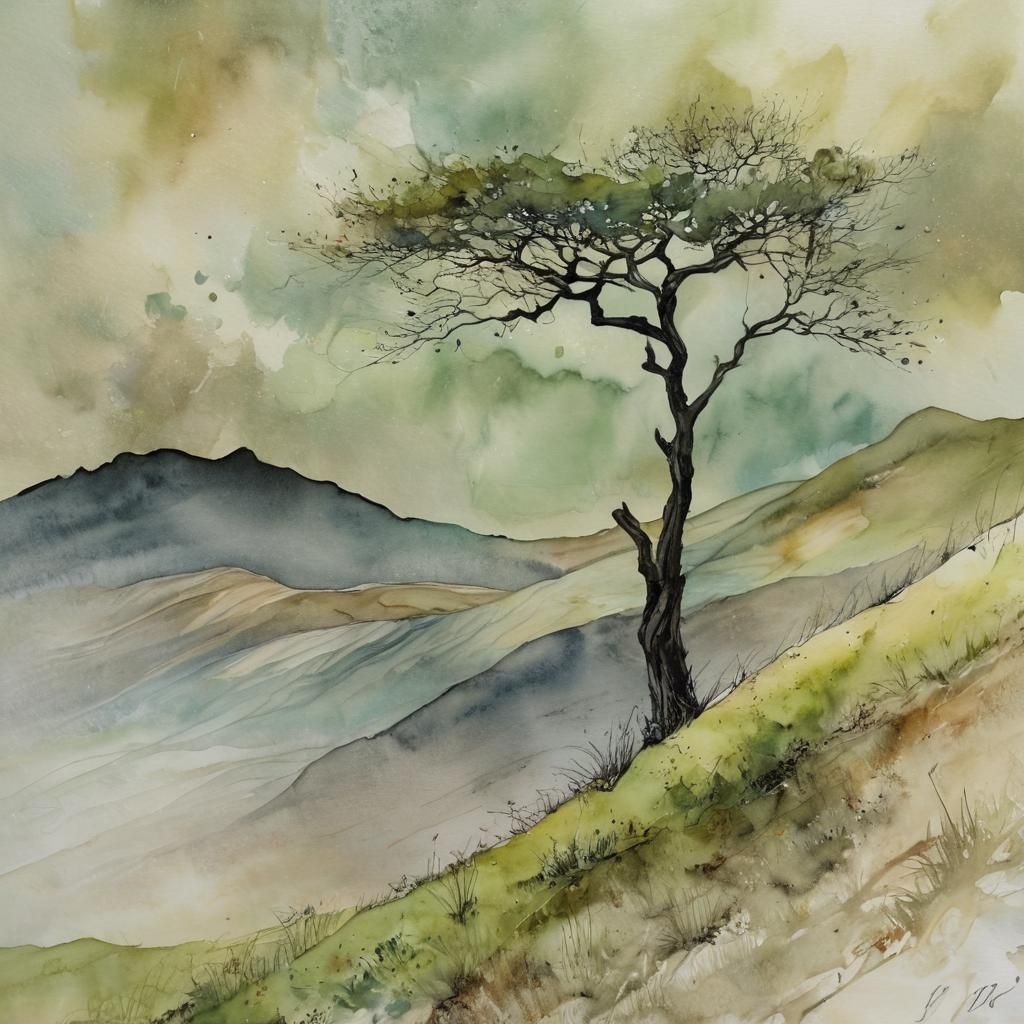 Lone Tree on Windswept Hill in Alcohol Ink Style