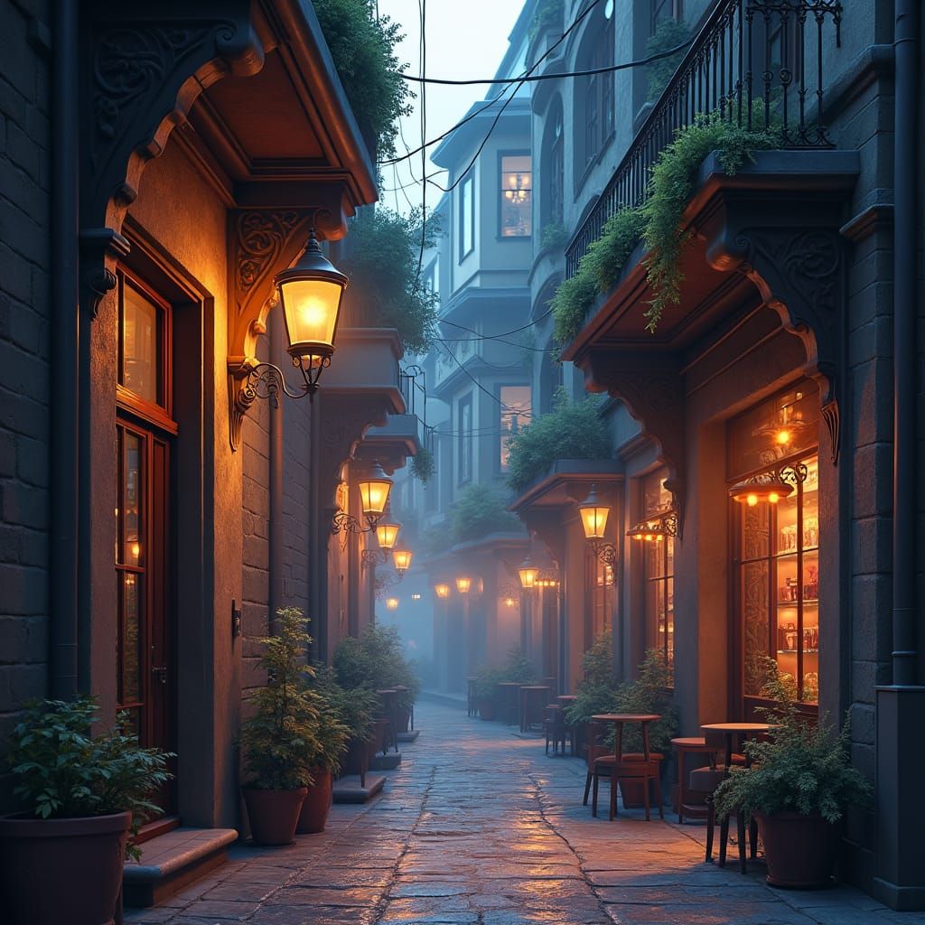 Mystical Cafe Street in Dreamlike Concept Art