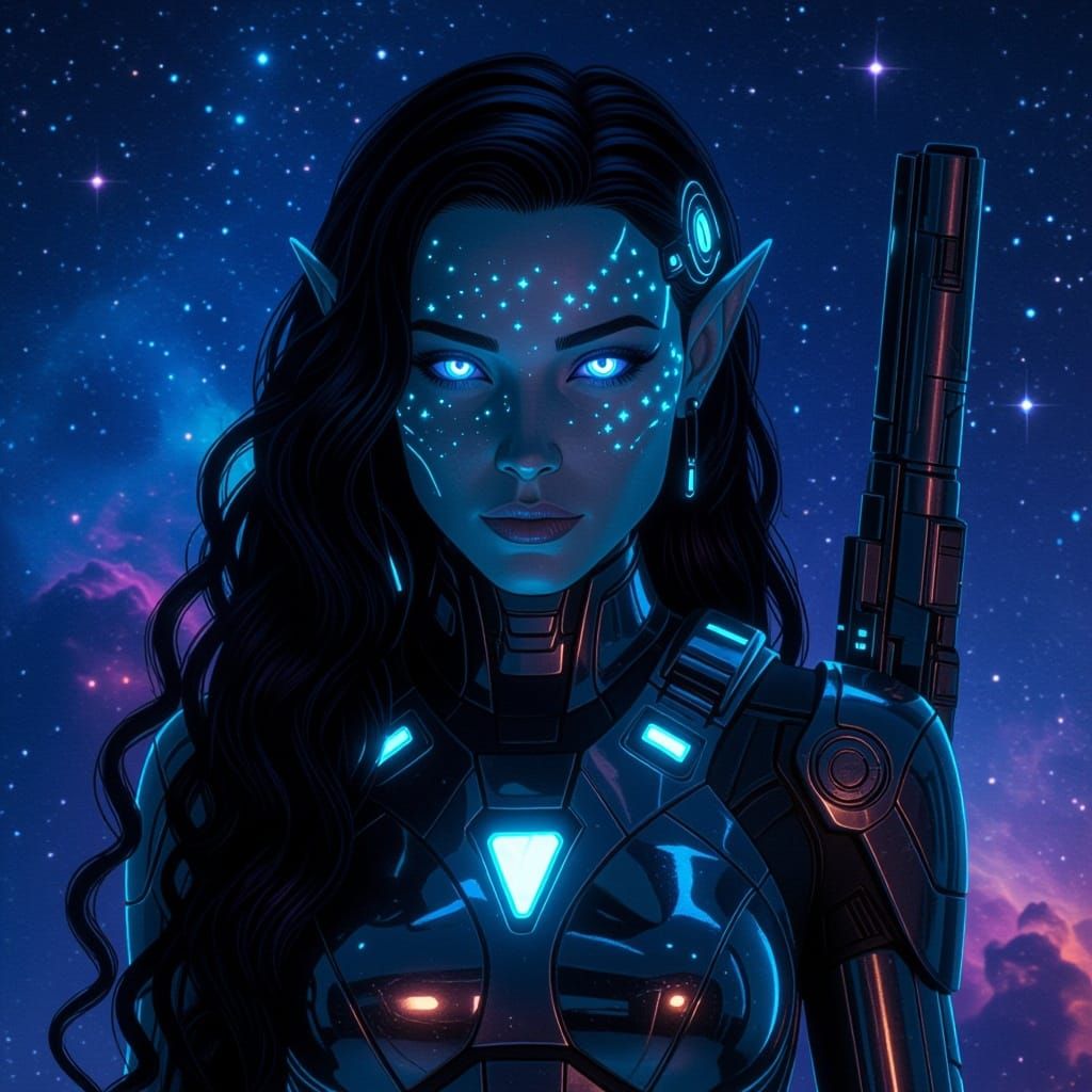 Blue-Skinned Space Elf Warrior with Glowing Eye and Laser Gu...
