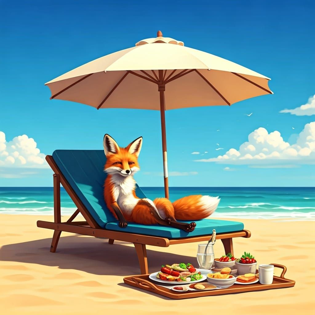 Fox Lounging on Beach Under Umbrella