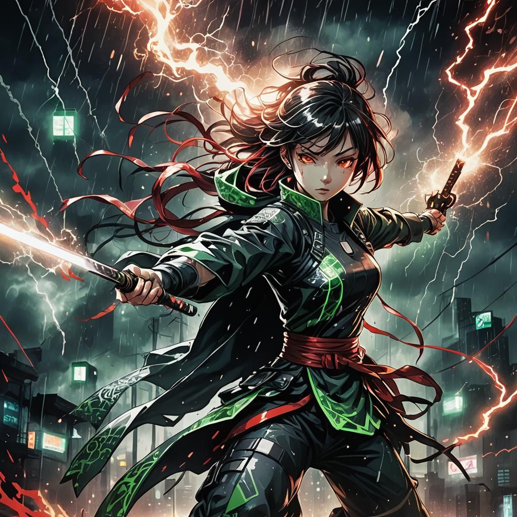 Cyberpunk Anime Woman Fighter with Magic Powers