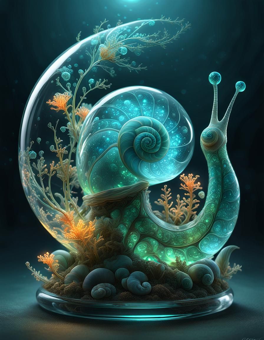 Bioluminescent Fractal Plants in Glass Snail Shell