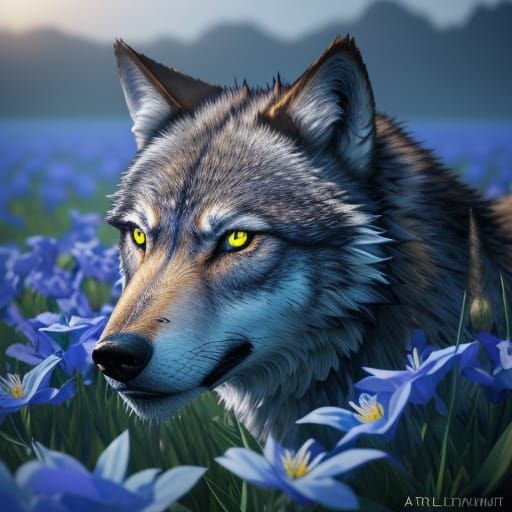 Bioluminescent Wolf in Field of Glowing Flowers