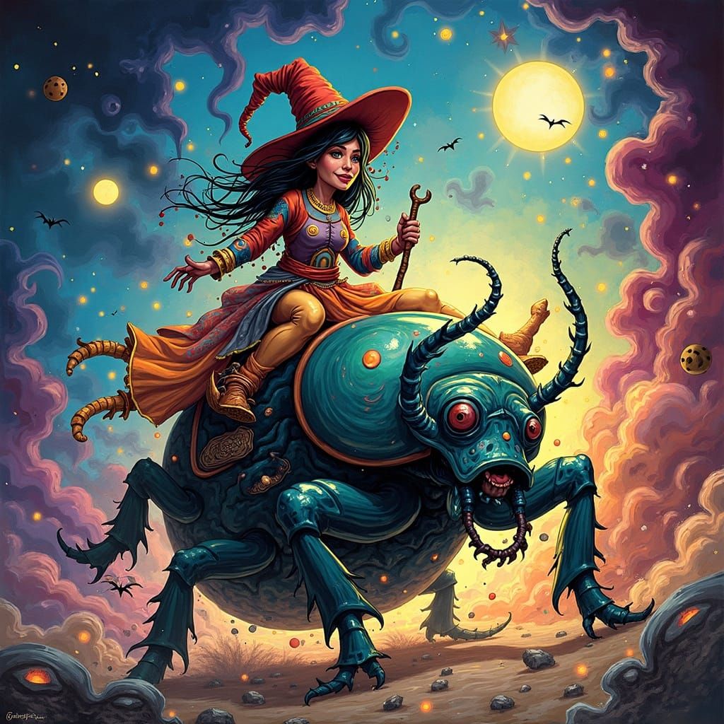 Witch Rides Iridescent Beetle Through Stardust Vortex