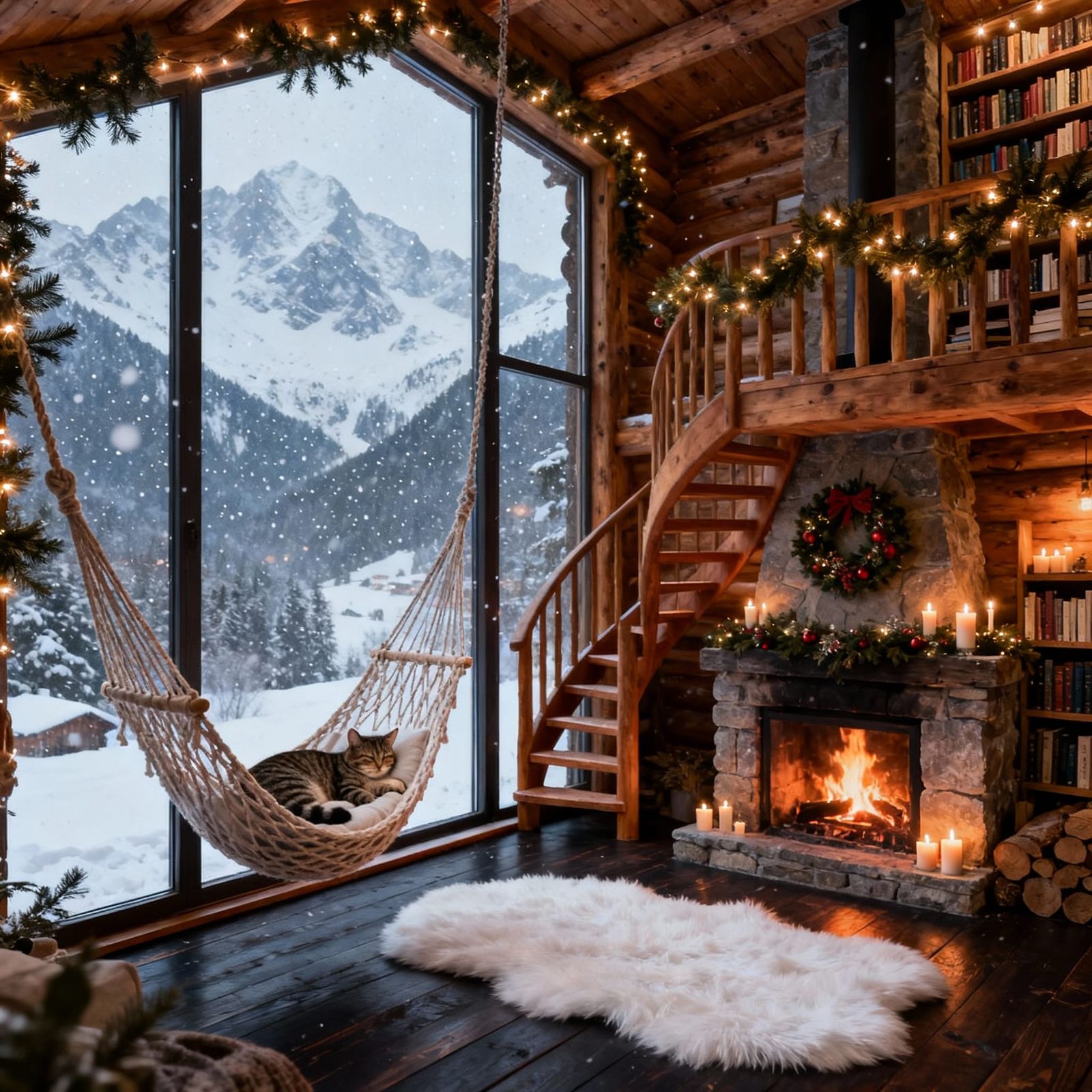 Cozy Mountain Reading Nook in Snowy Cabin