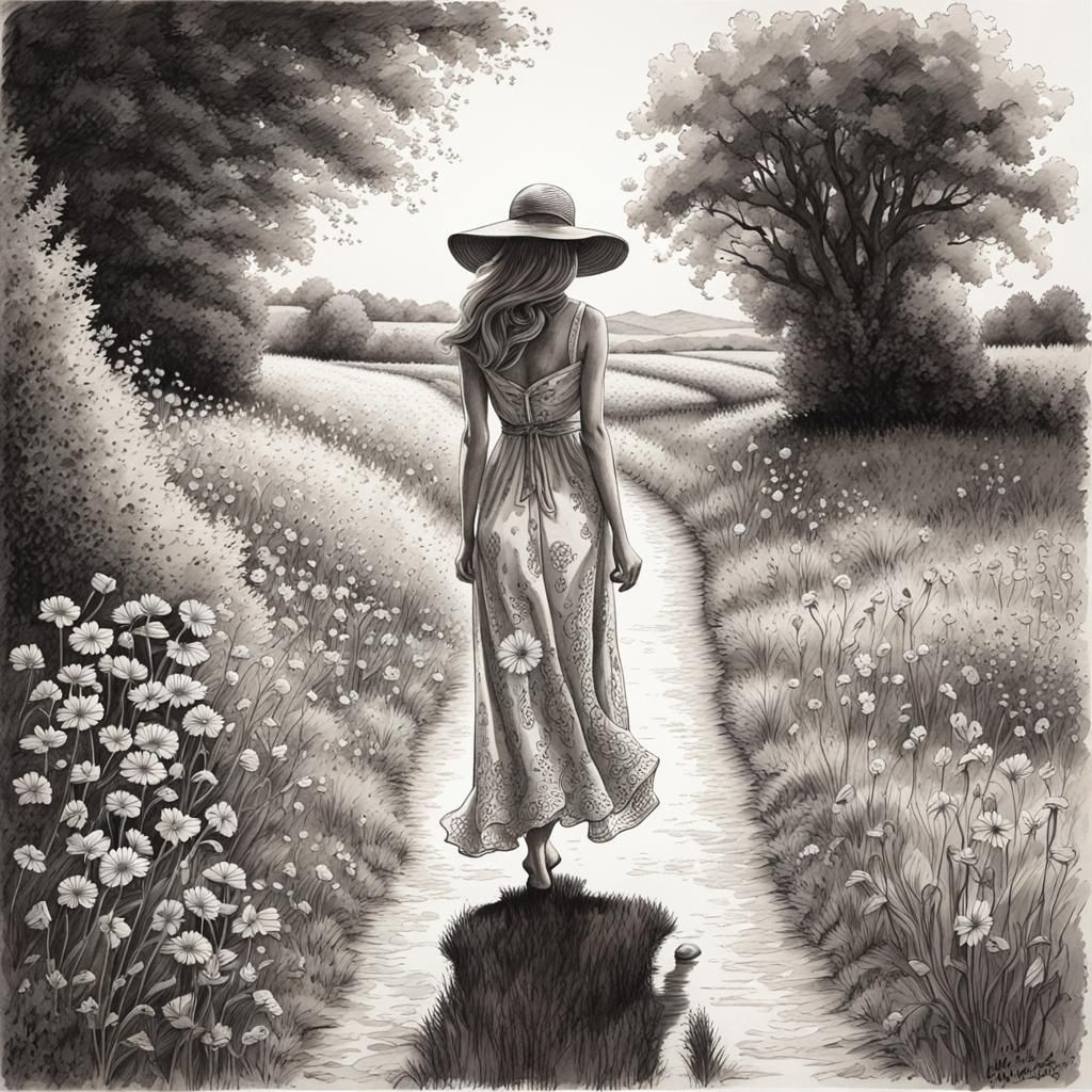 Monochromatic Ink Drawing: Woman in Sun-Drenched Lane