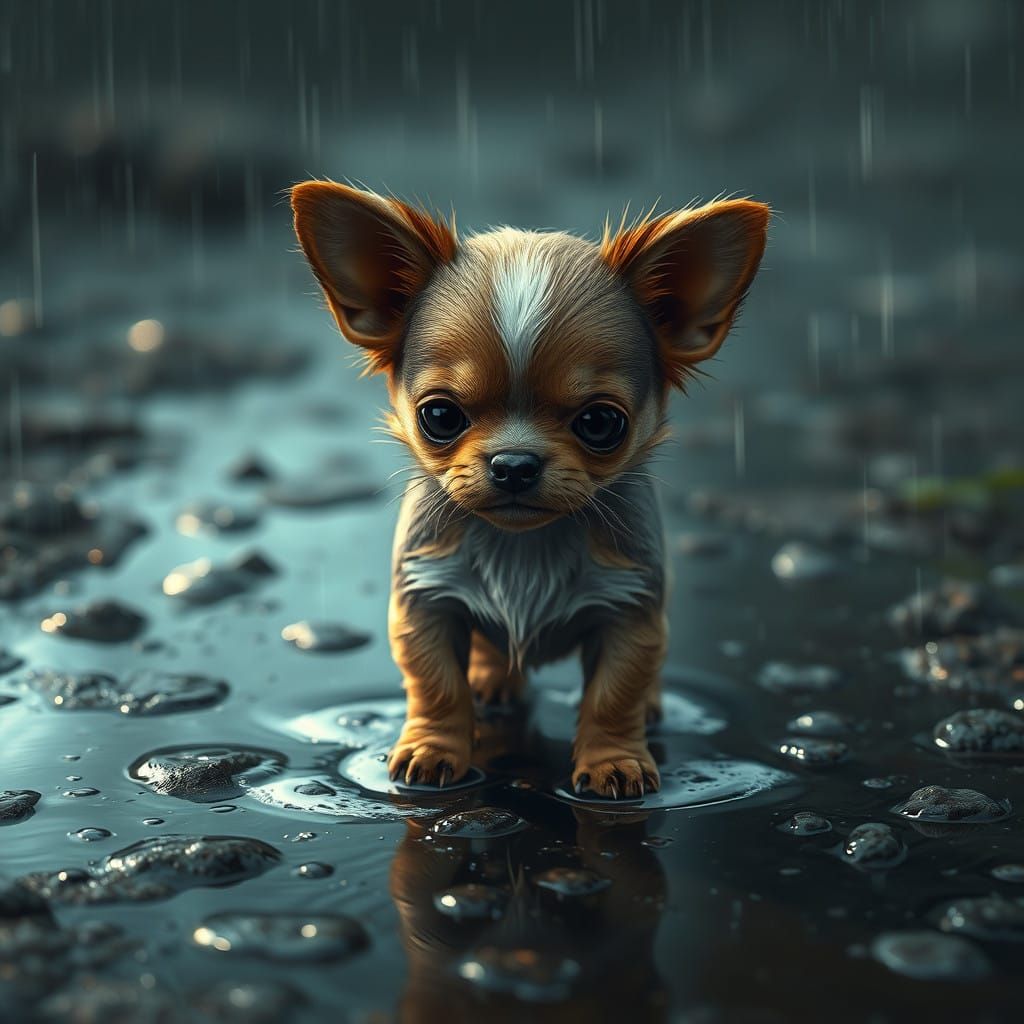 Mourful Canine in a Fantastical, Rain-Soaked Realm