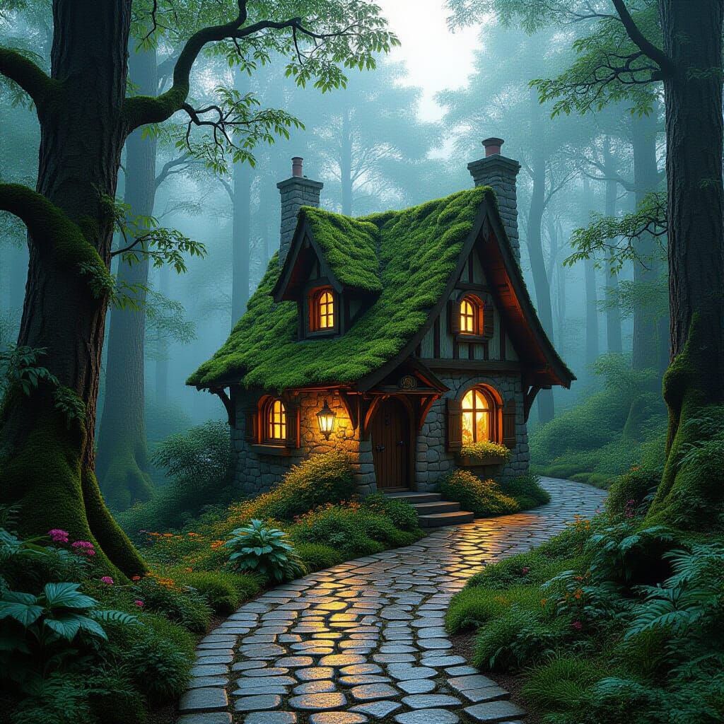 Enchanting Wooden Cottage in Sun-Dappled Forest