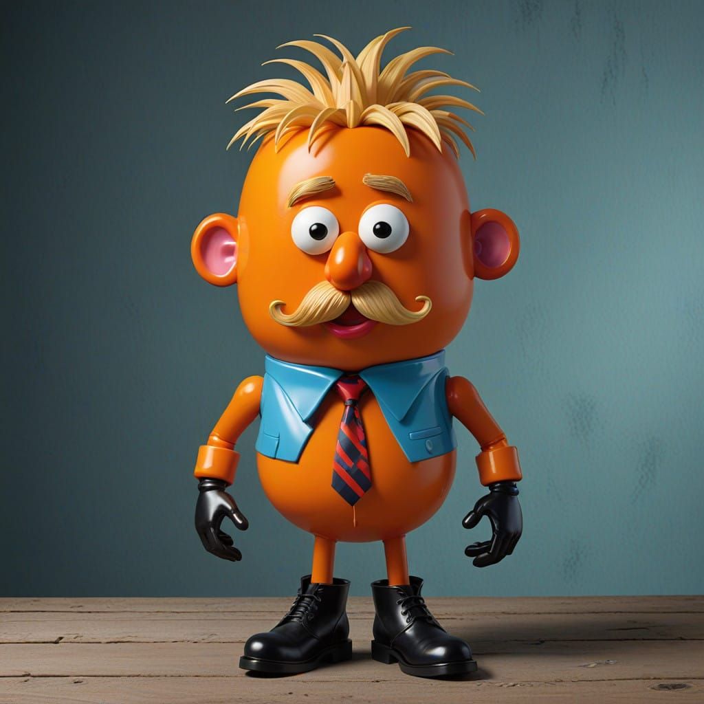 an orange with a "Mr Potato head" face and an appalling blond parting hair do, plastic boots and a long red neck tie