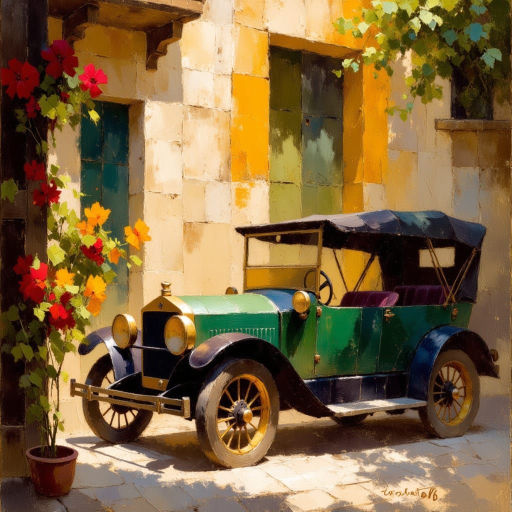 Vintage Car at Hotel During Golden Hour, Lautrec Style