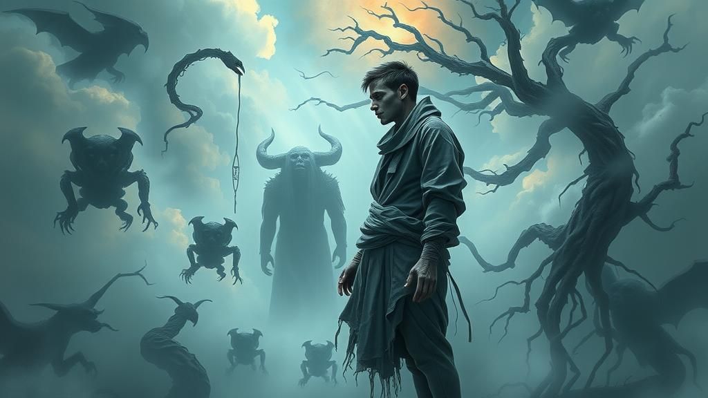 Eerie Dreamscape with Lovecraftian Figures in Surrealism