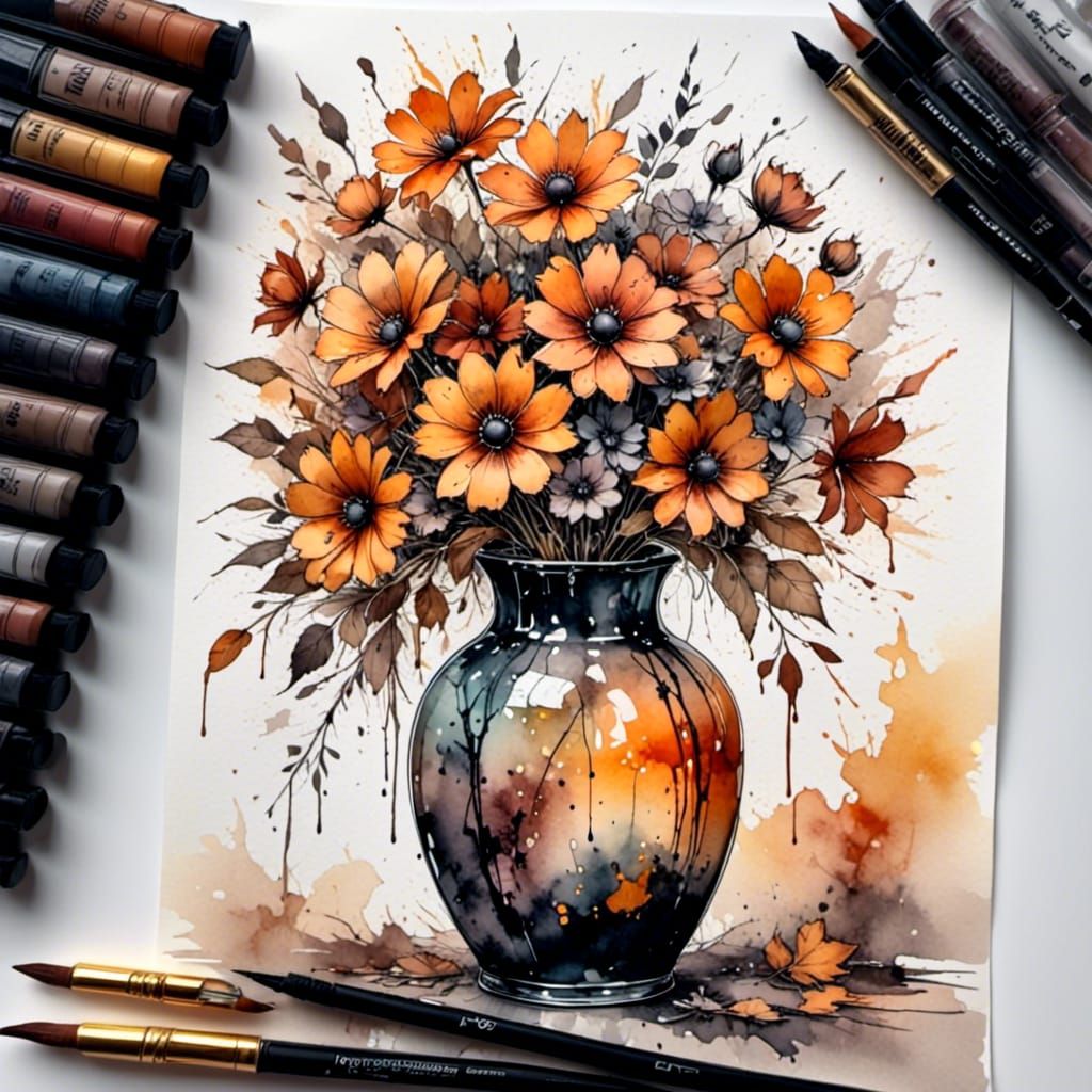 Autumn Flowers in Watercolor Still Life