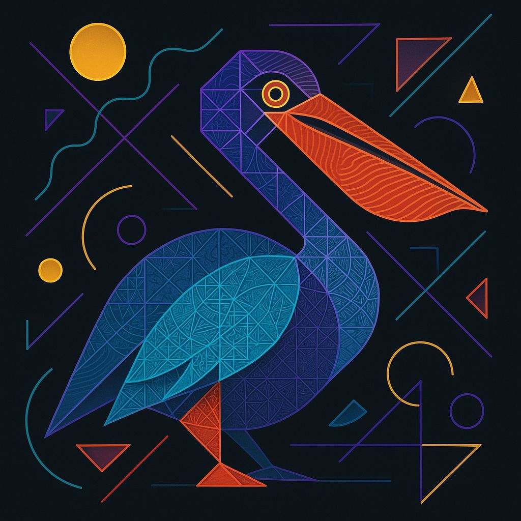A geometric abstraction featuring a majestic pelican