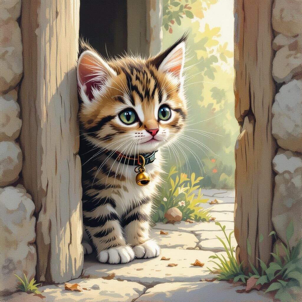 Curious Kitten Peering Around Corner in Whimsical Style