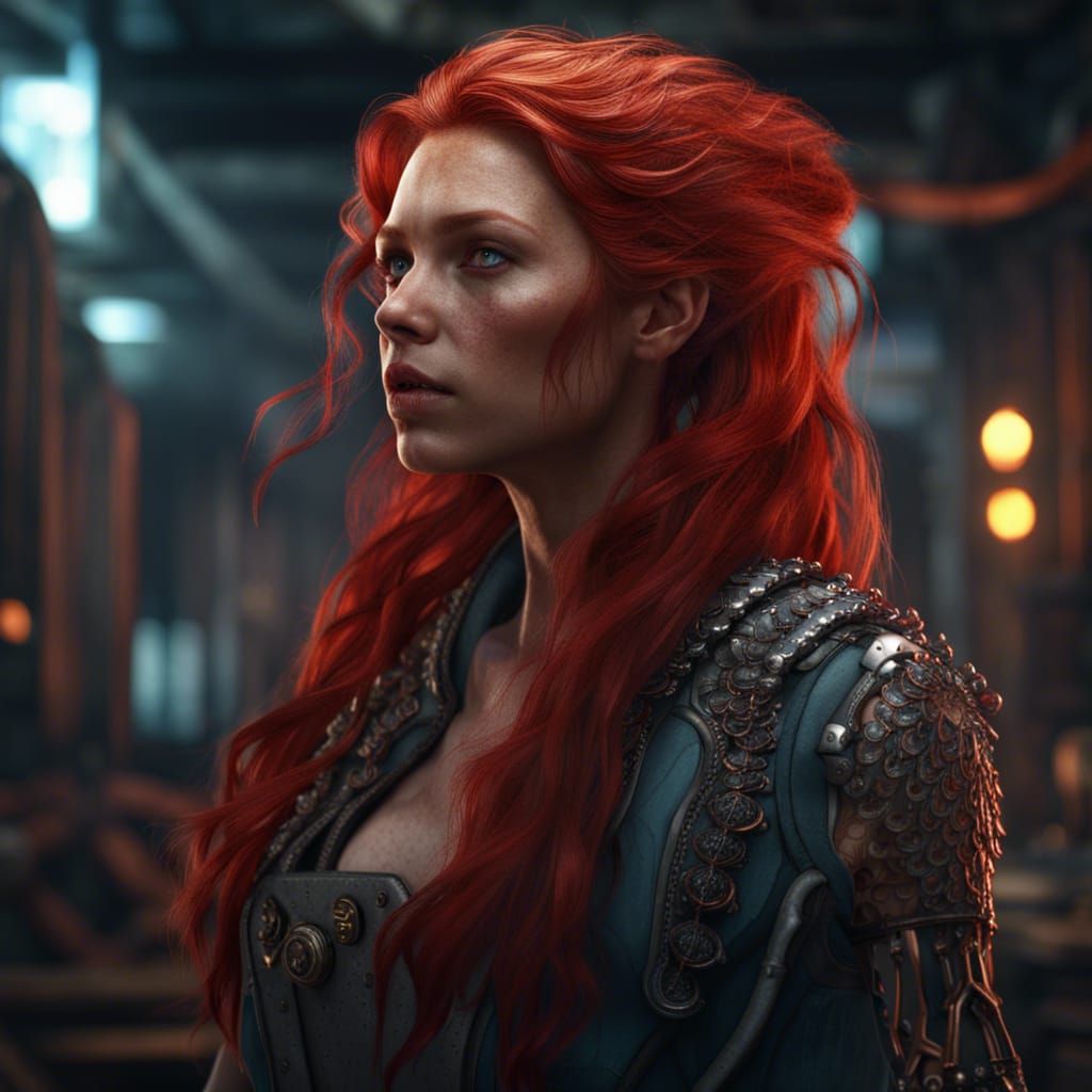 Red-Haired Warrior Woman in Detailed Matte Painting