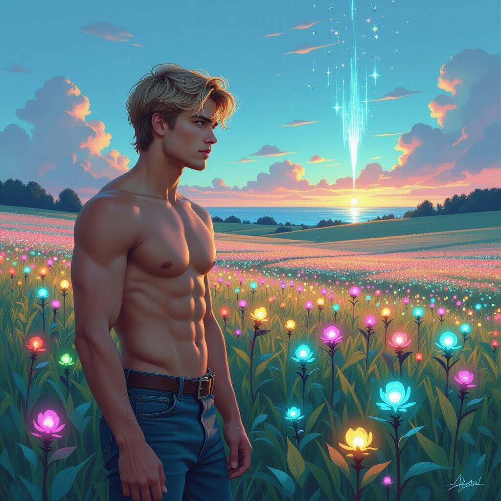 Bioluminescent Field: Nostalgic Digital Painting with Neon F...