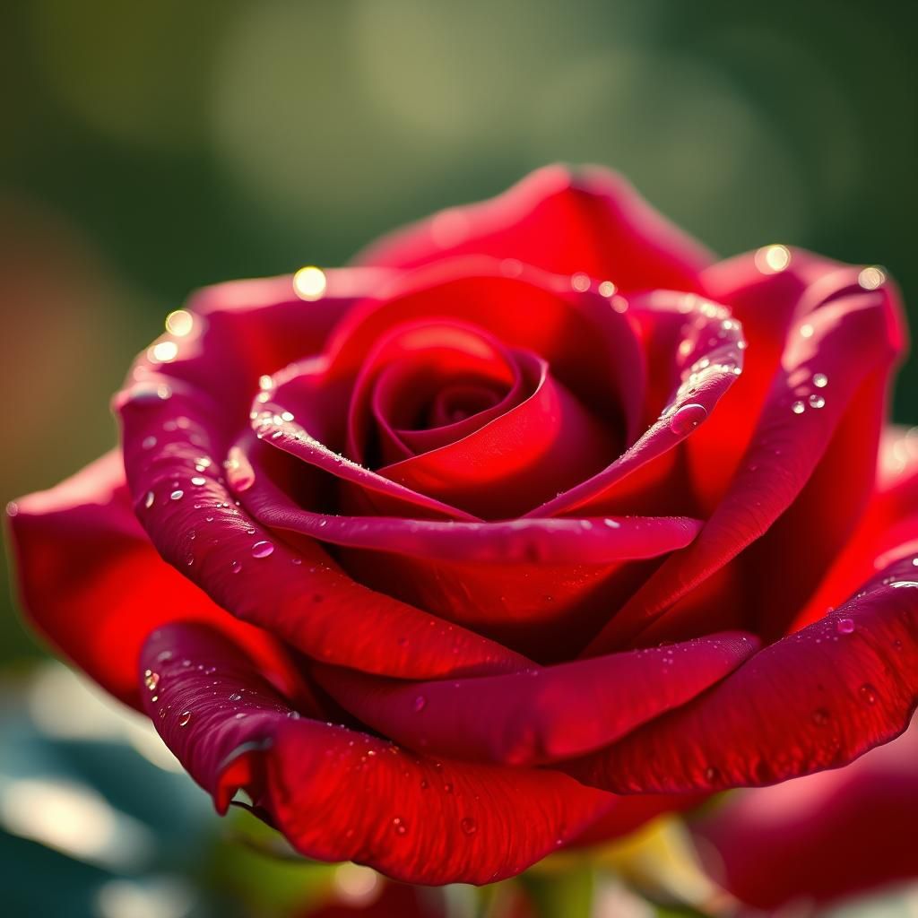 Red Rose Portrait with Dew Drops in Morning Light