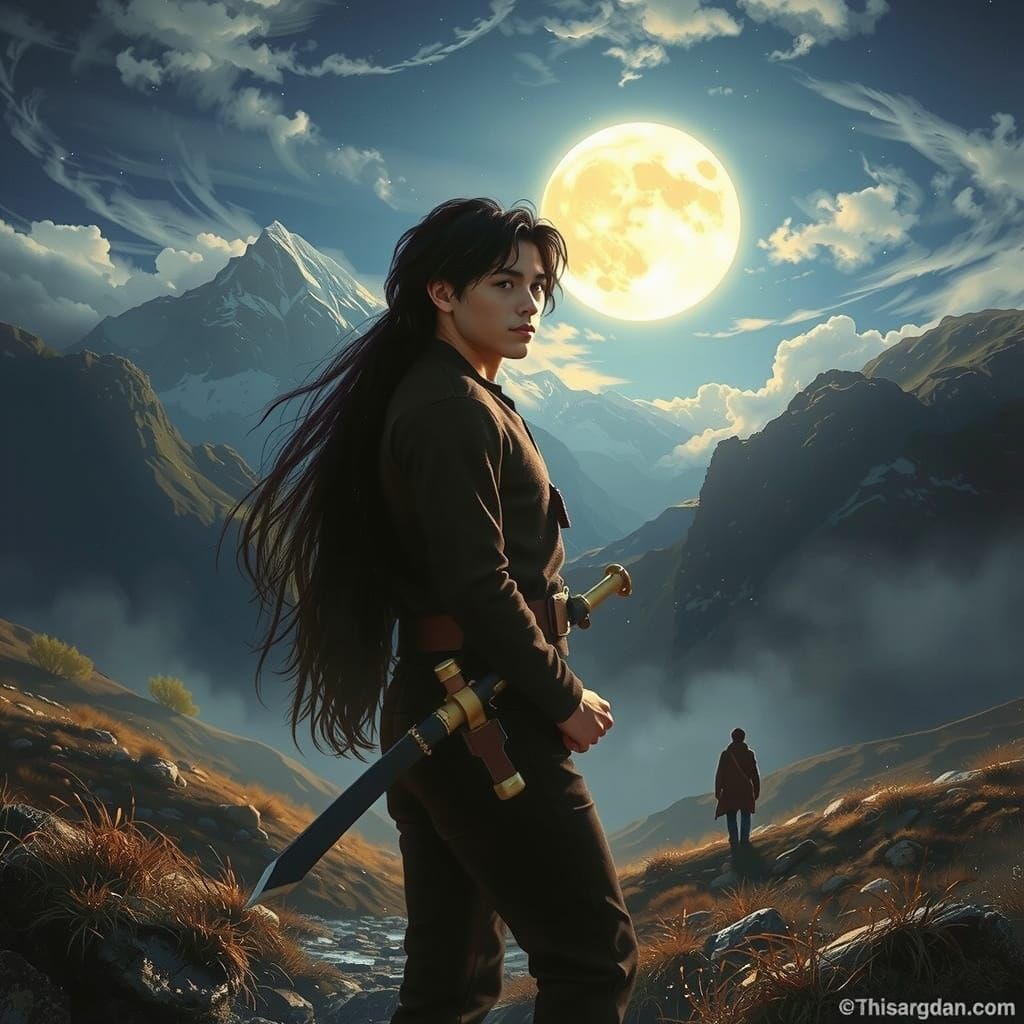 Young Man in Misty Valley Under Full Moon, Fantasy Art
