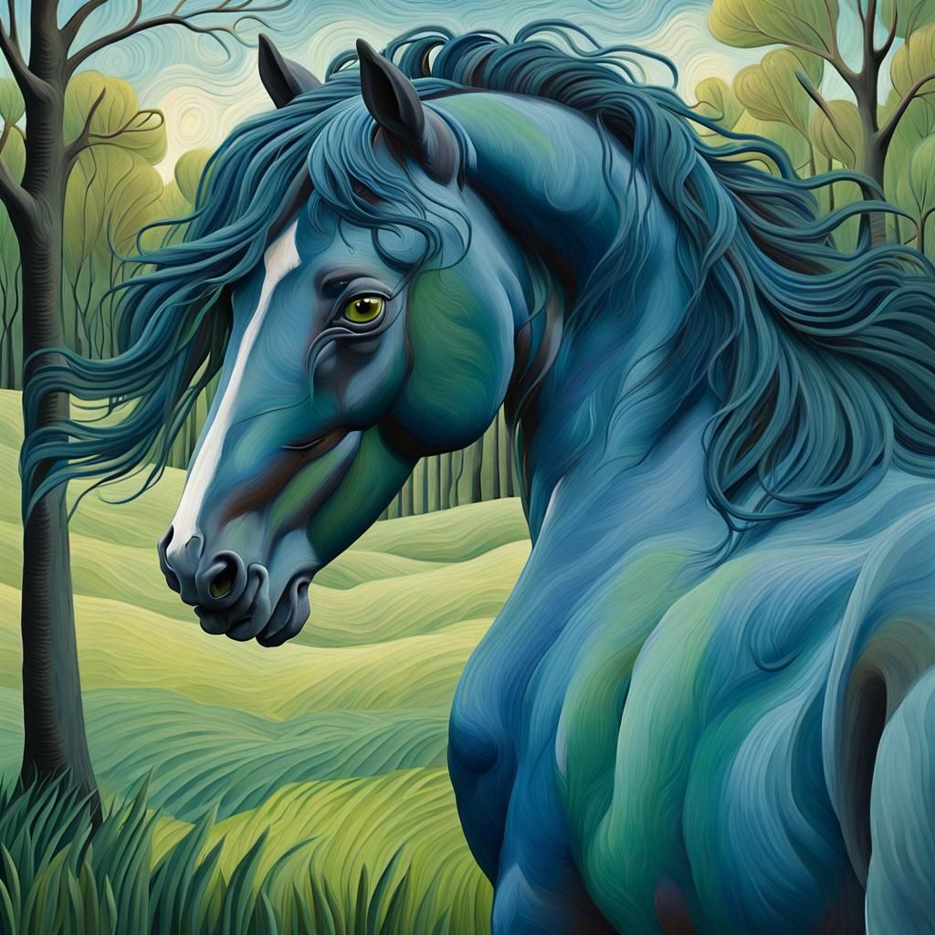 Blue Horse in Meadow: Naive Impasto Painting