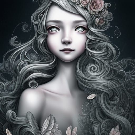 Sad Girl Portrait in Ink, 18th Century Style