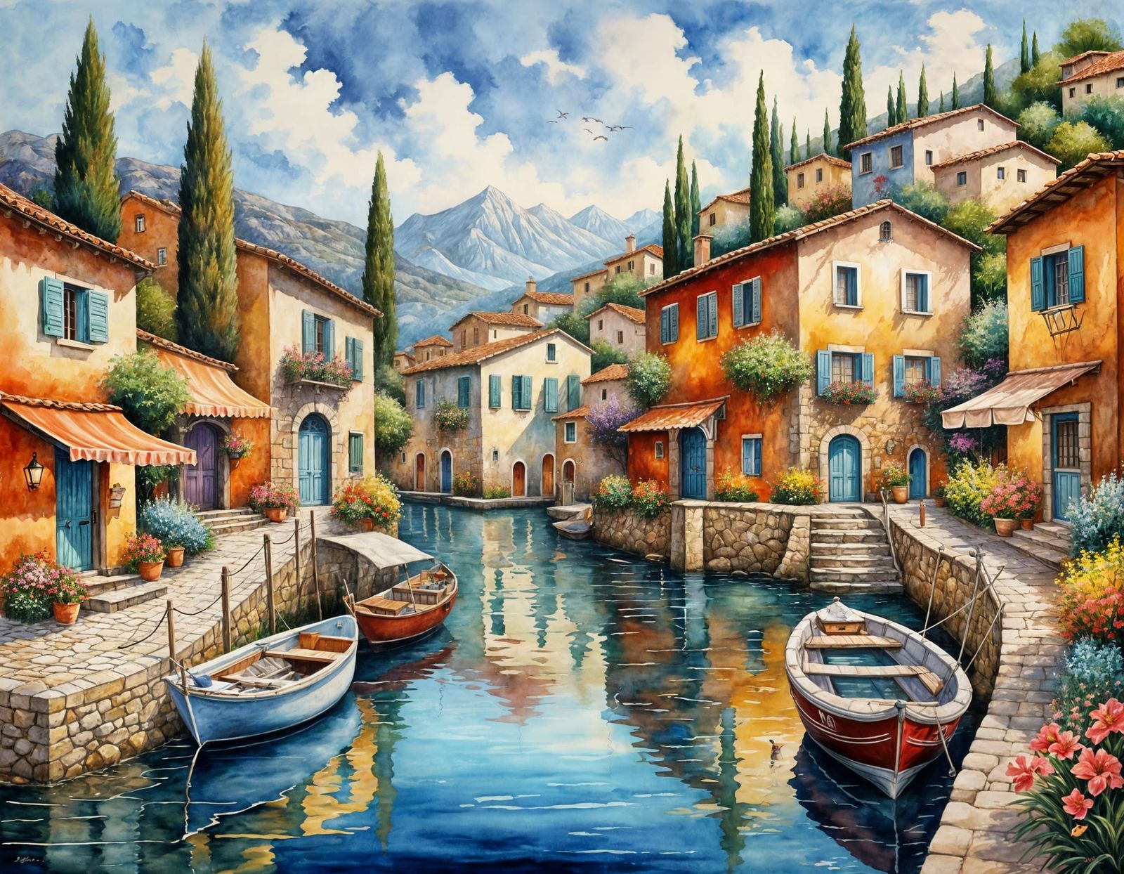 Picturesque Mediterranean Village as Watercolor Painting
