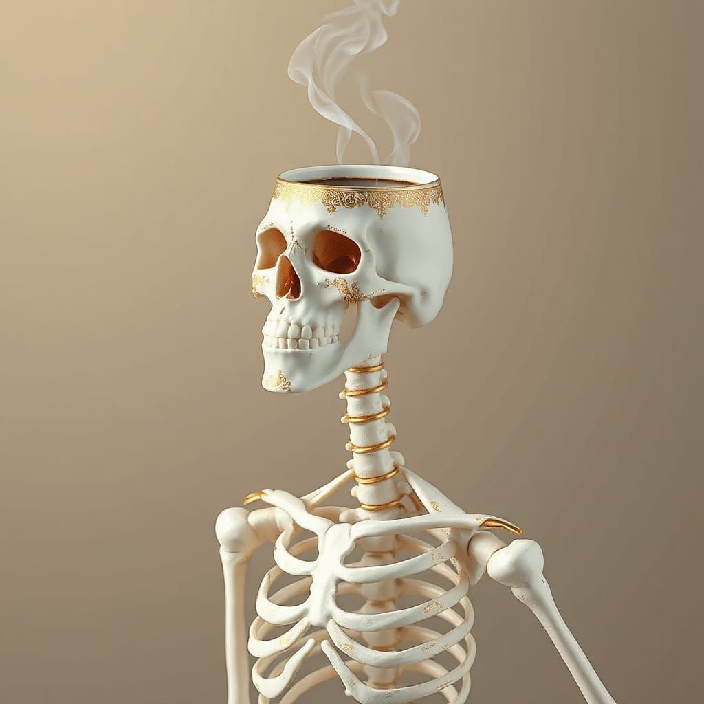 Skeleton with Coffee Cup Head Rises in Golden Artistry