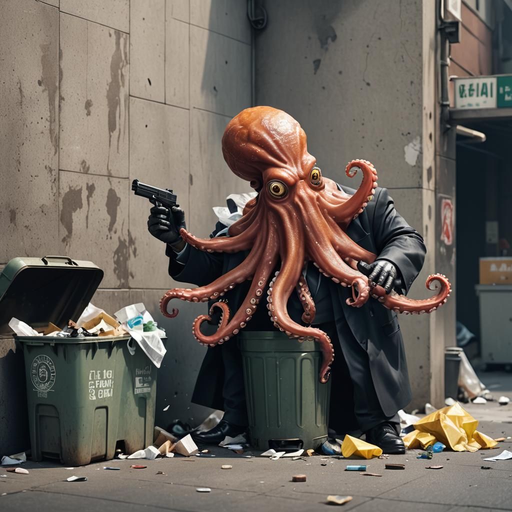 Octopus Gangster Shooting From Trash Can