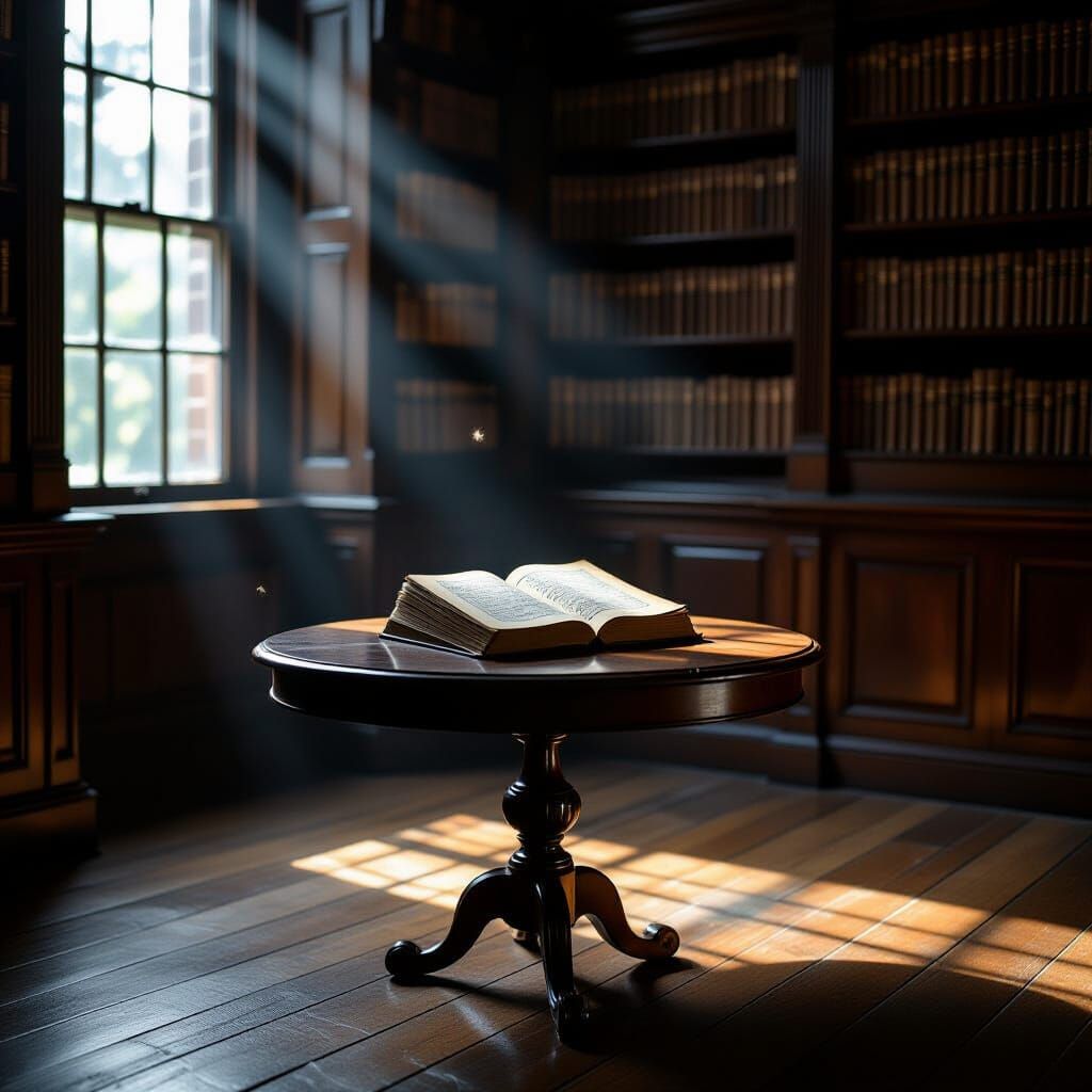 Antique Table in Moonlit Library with Celestial Journal