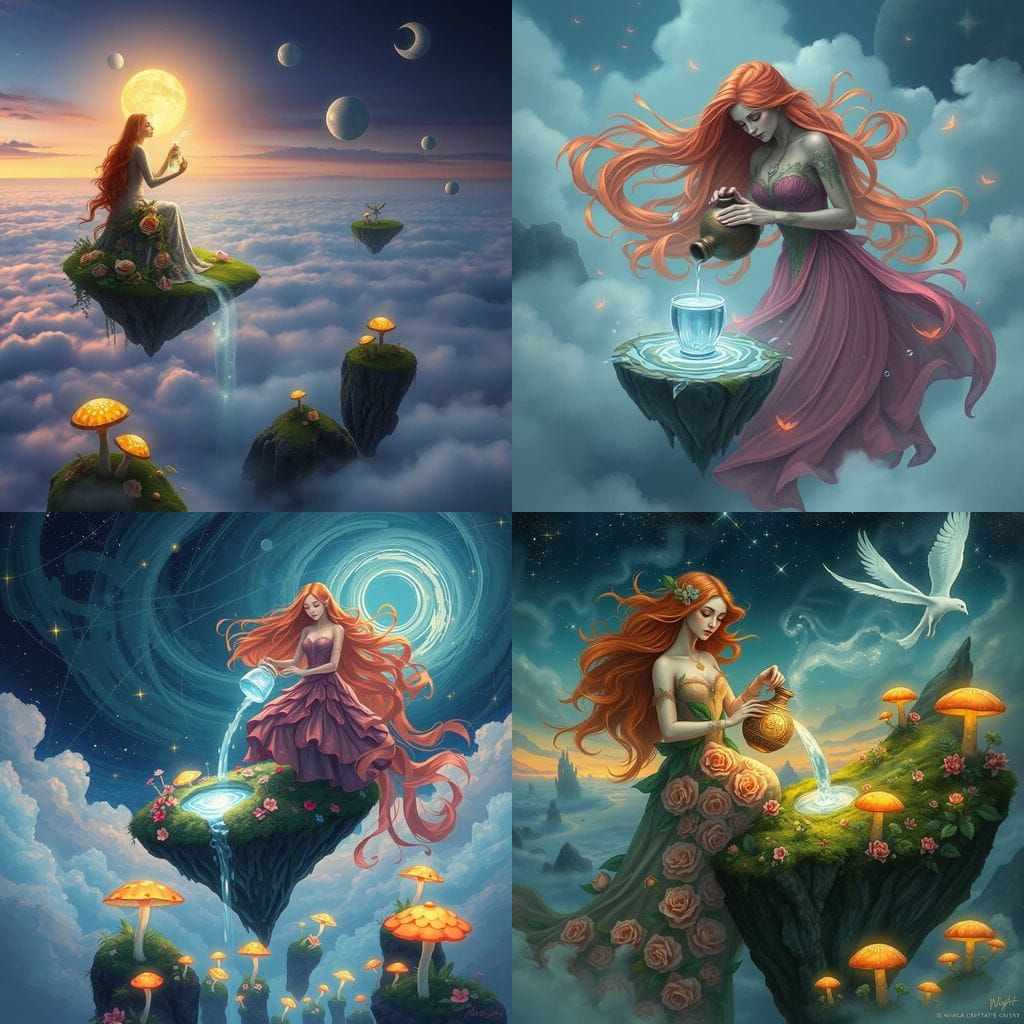 Floating Islands in Twilight Sky with Ethereal Woman