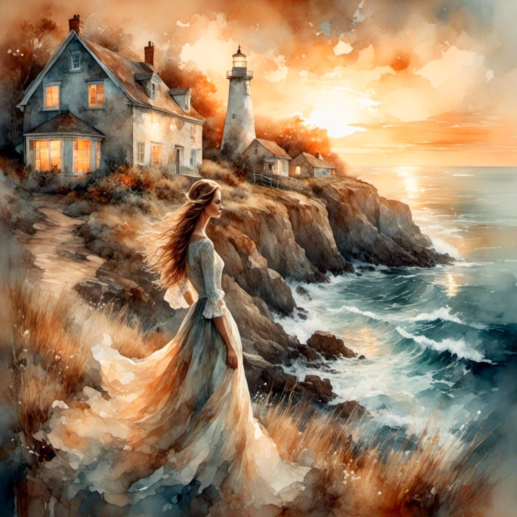Coastal Double Exposure: Woman at Lighthouse Cottage
