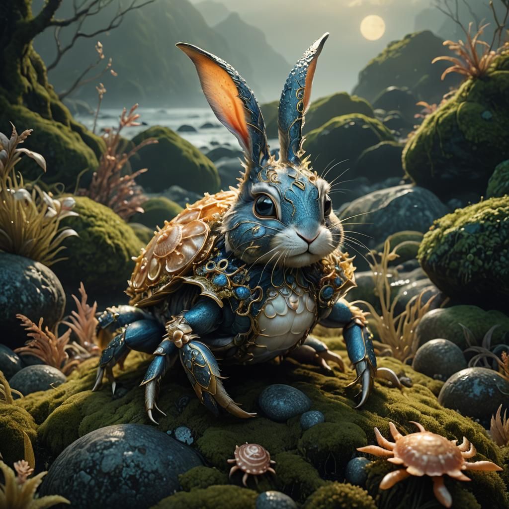 Rabbit-Crab Hybrid on Rocky Shore