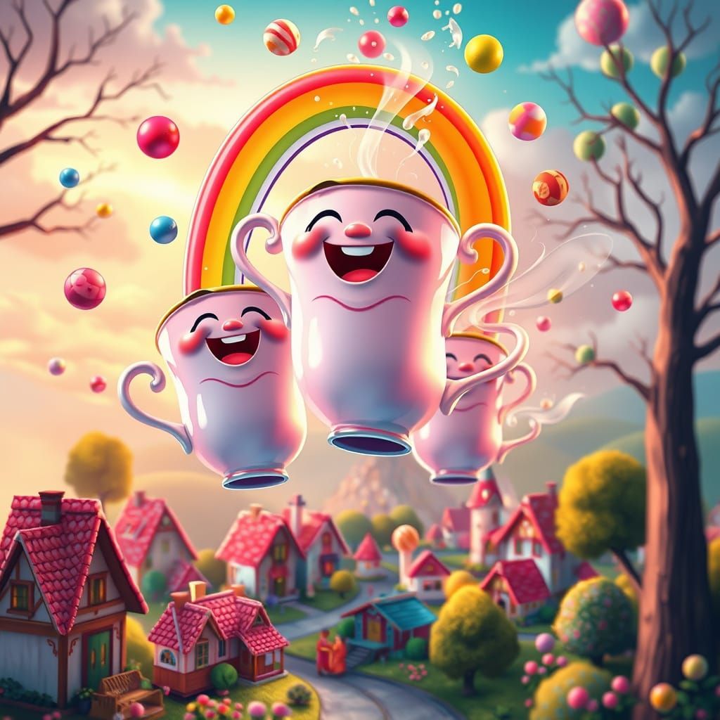 Whimsical Teacups Pouring Rainbows: Candyland Art