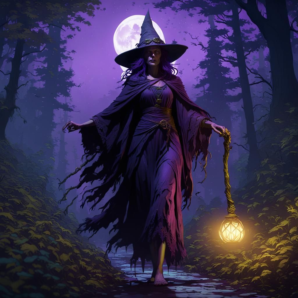Nature Witch in Moonlit Forest, Dark Fantasy Art