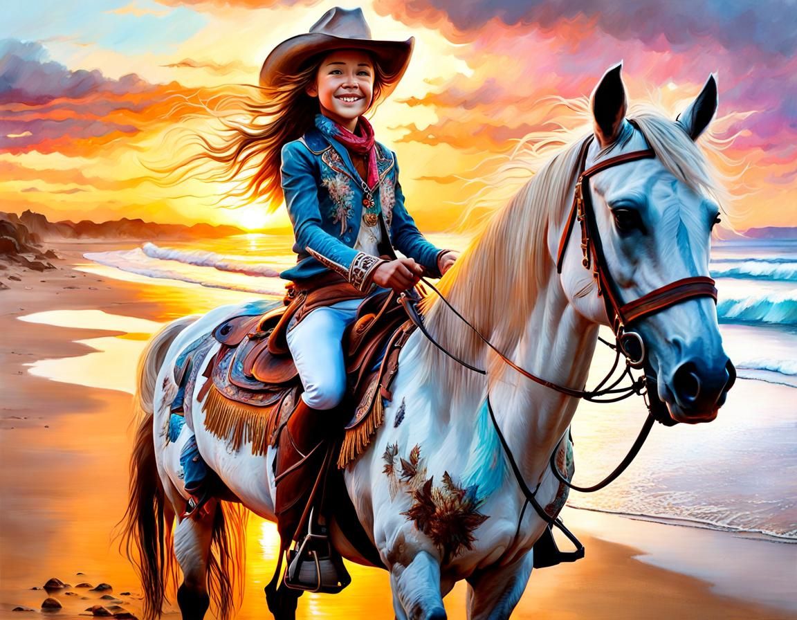 Portrait of a smiling girl riding a horse along the beach