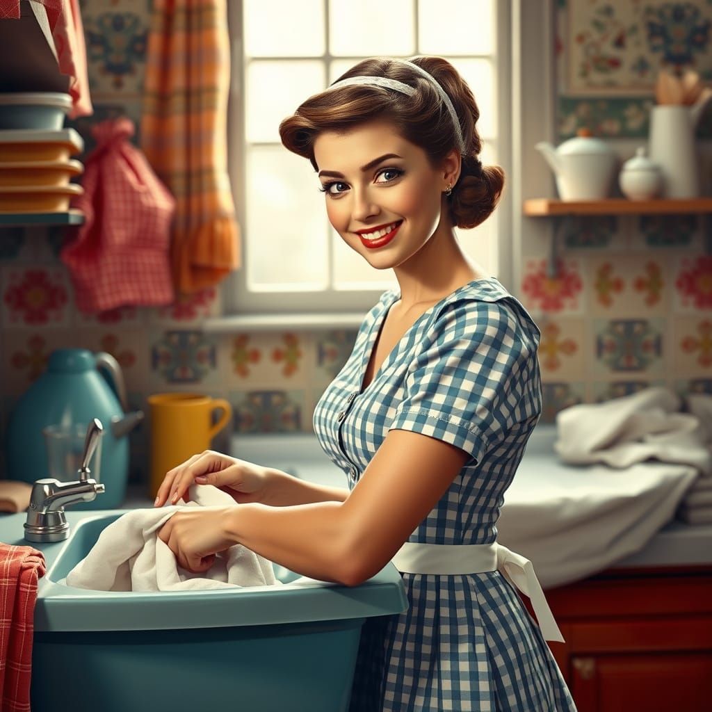 1950s Tradwife Washing Clothes: Hyperrealistic Digital Art
