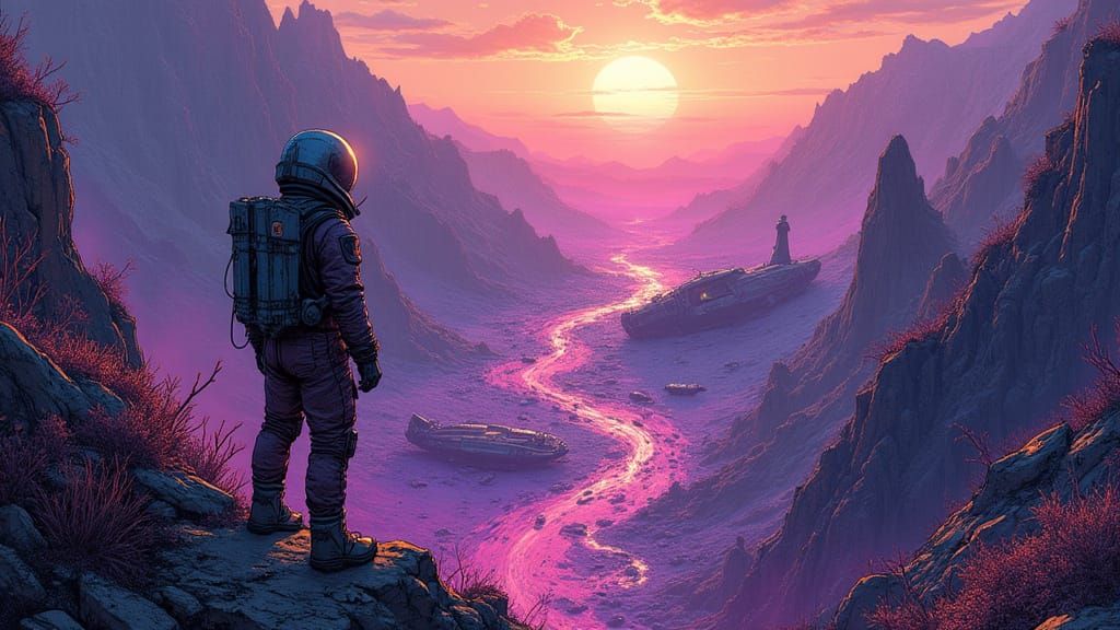 Crashed Colony Ship in Sci-Fi Comic Style