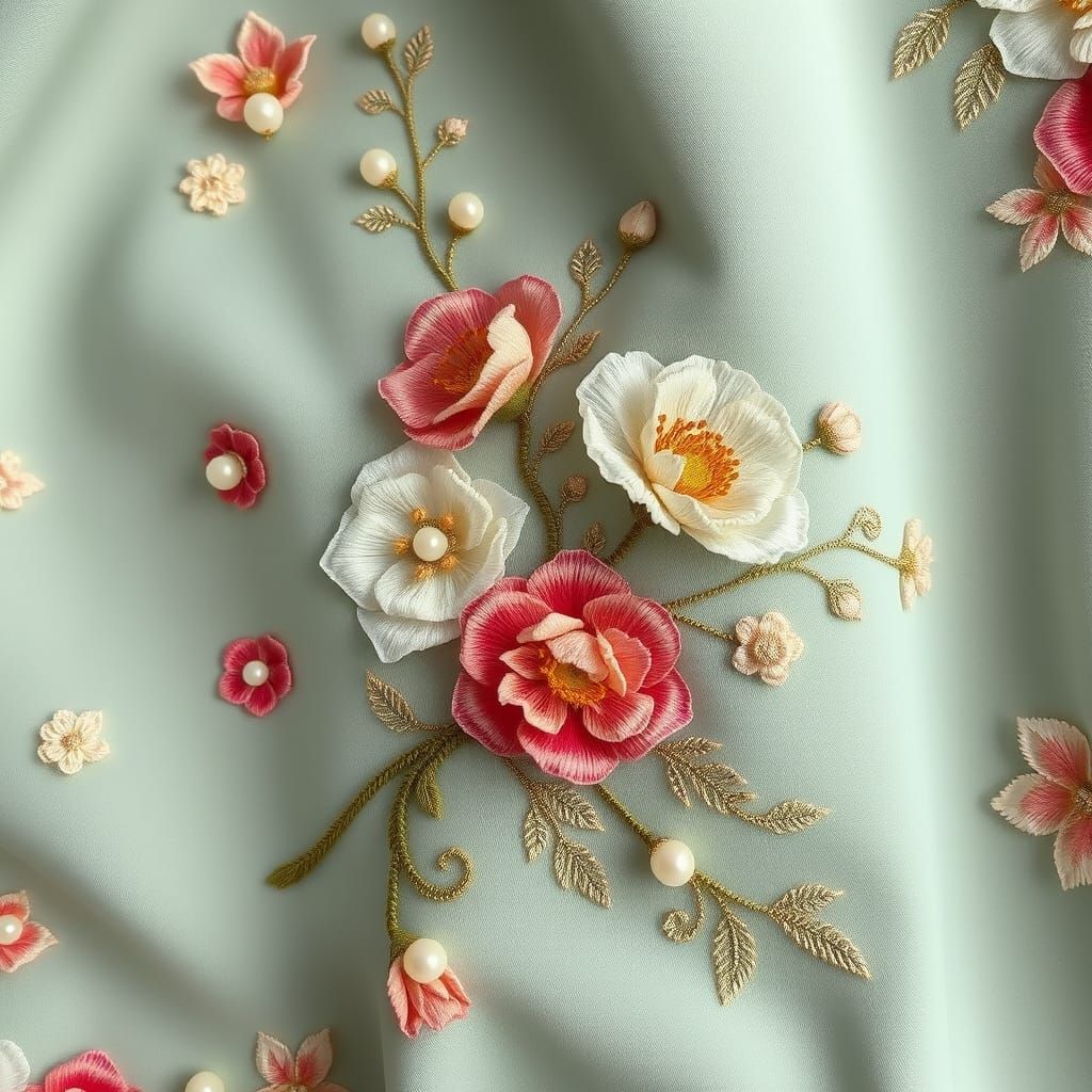 Elegant Floral Embroidery on Soft Fabric in Art Nouveau Styl...