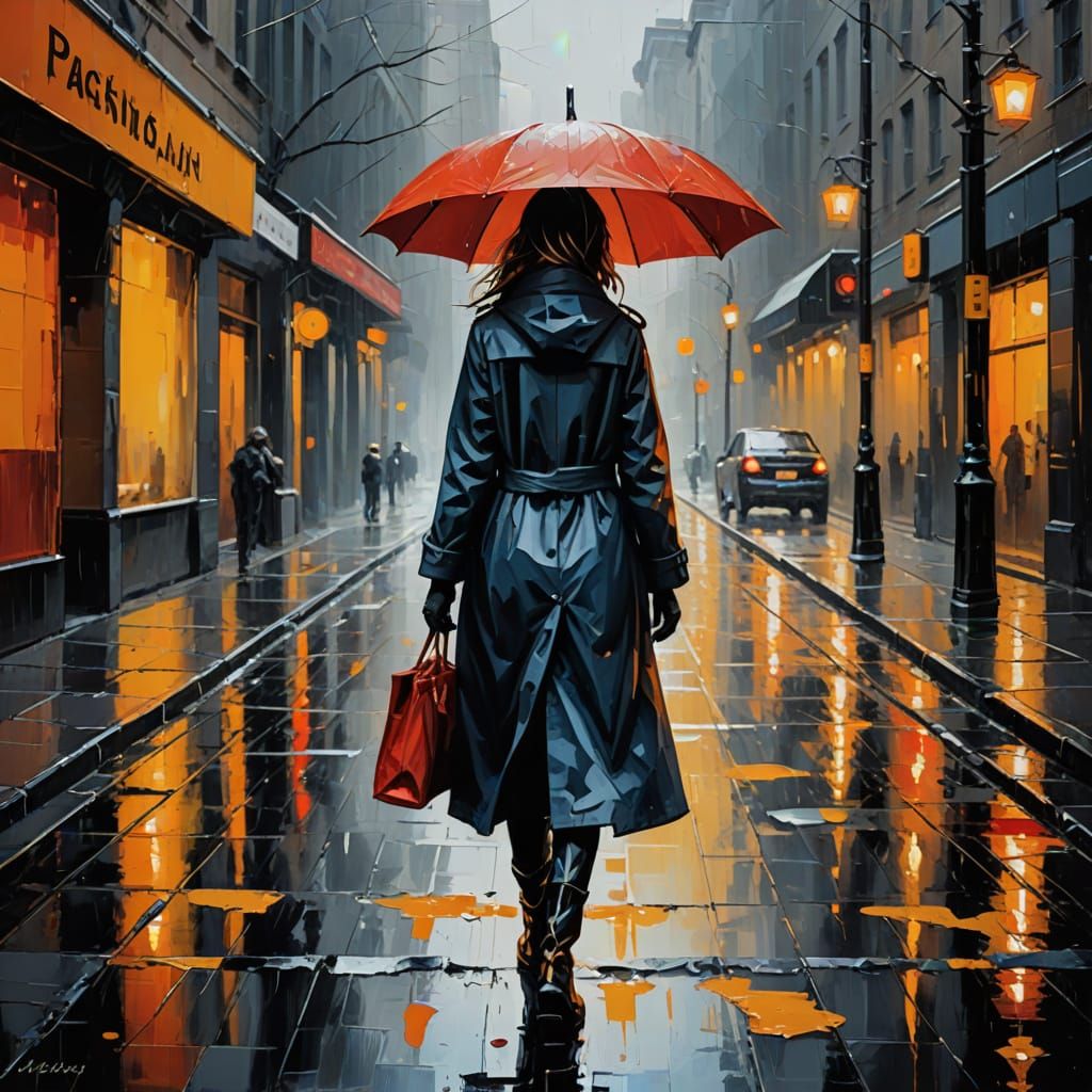 Ethereal Woman Under Red Umbrella in Rainy Night