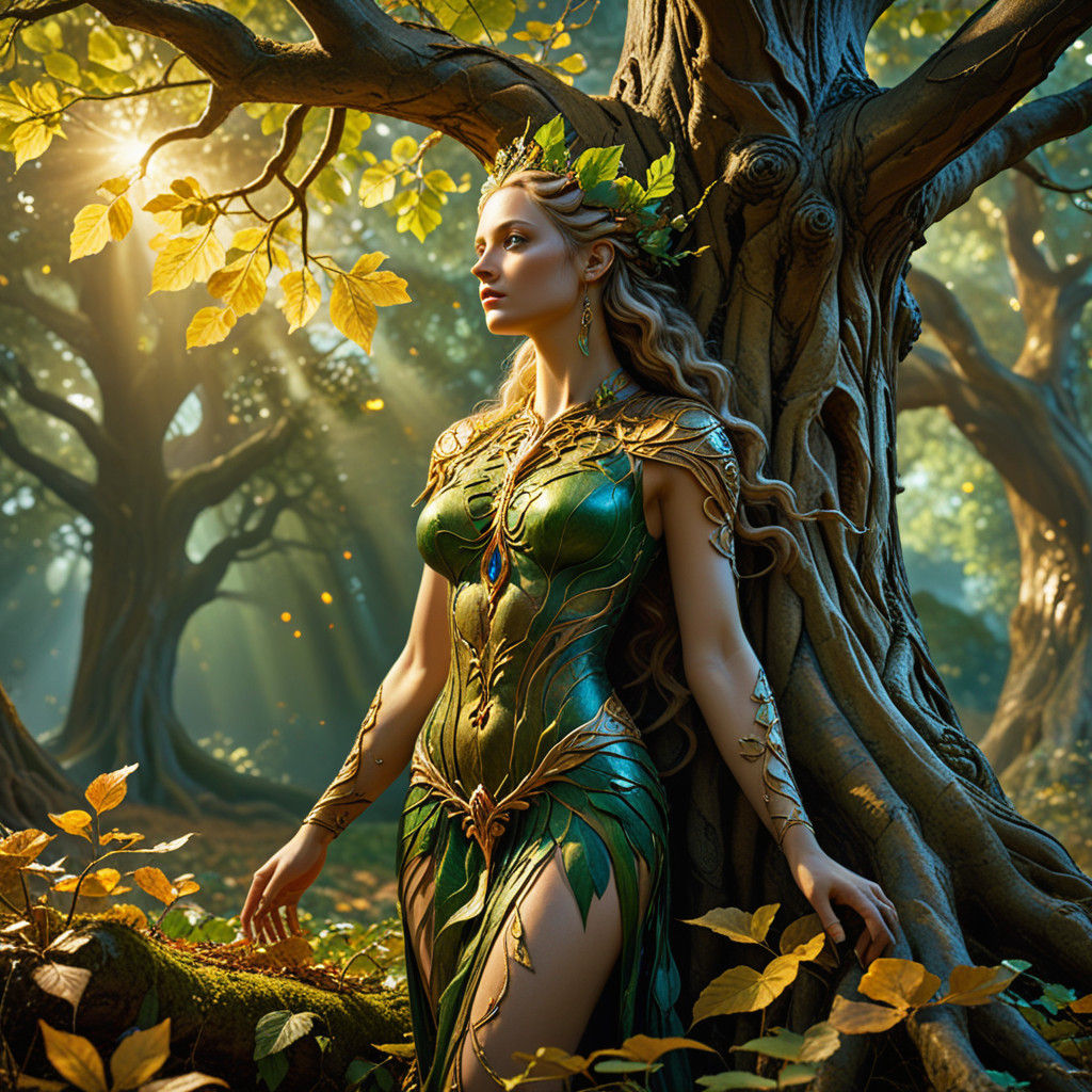 Dryad in Leaf Tunic, Romantic Oil Painting with Ethereal Qua...