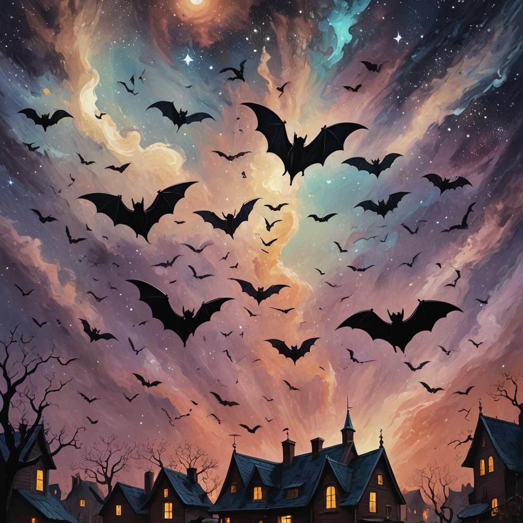 Bats Dance Under Stars in Surreal Oil Painting