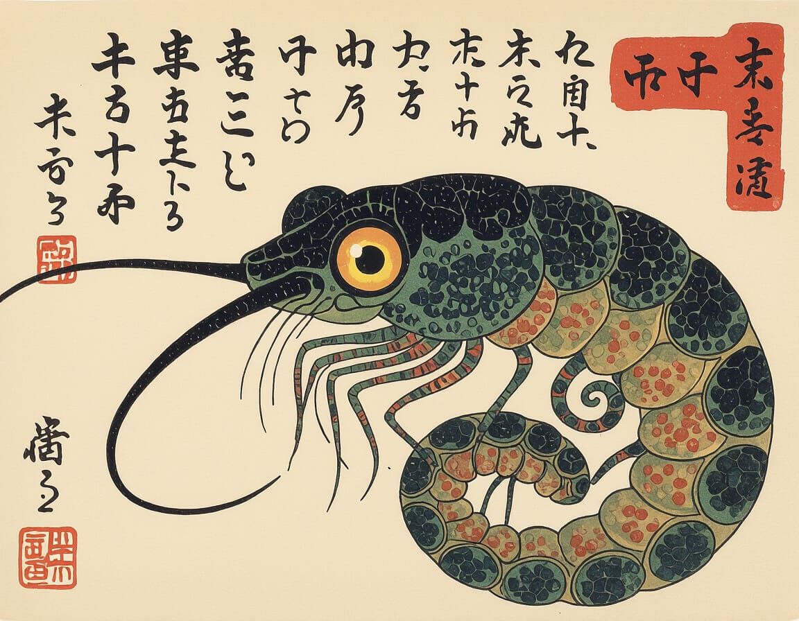 Mythical Mutant Giraffe Slug Squid in Ukiyo-e Style