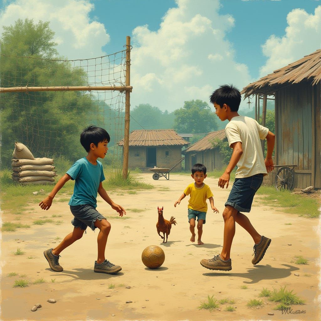Brothers Engaged in Intense Football Match in Rustic Setting