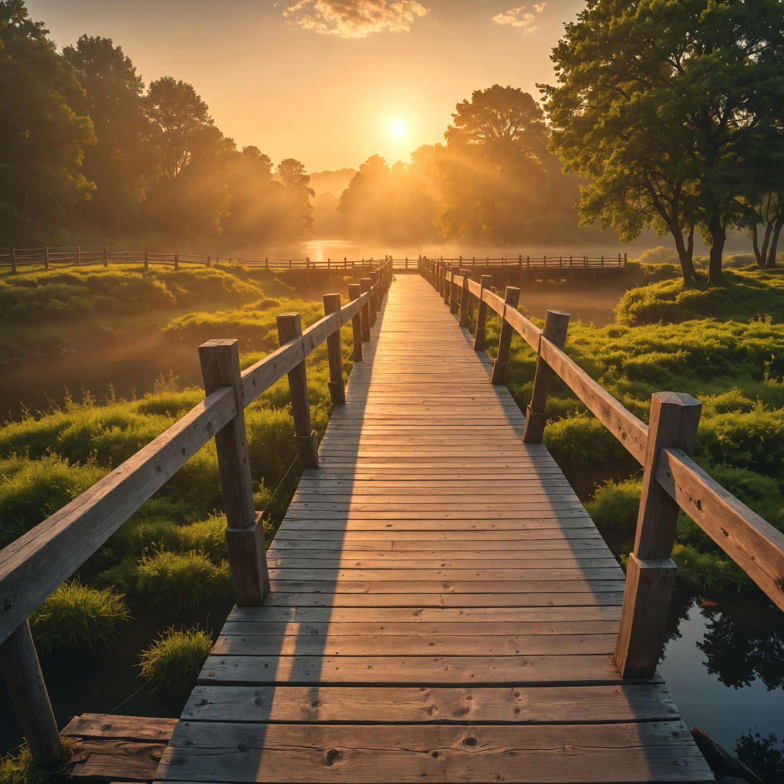 Wooden Bridge in Morning Light: Hyperrealistic HDR